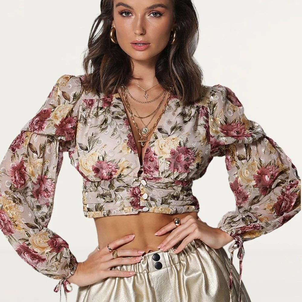 Revolve Runaway the Label Floral Long Puff Sleeves Crop Fleur Blouse Sz 4 Small